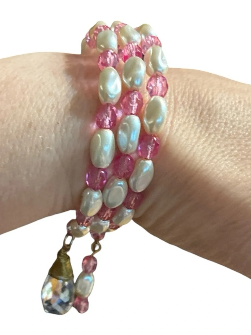Pink and Pearl Beaded Wire Bracelet